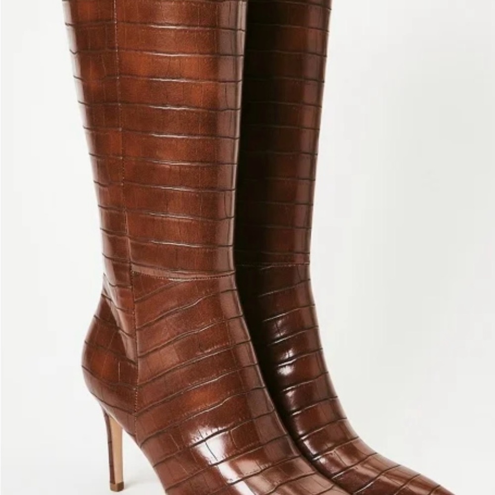 Elegant Brown Croc-Embossed Knee-High Boots